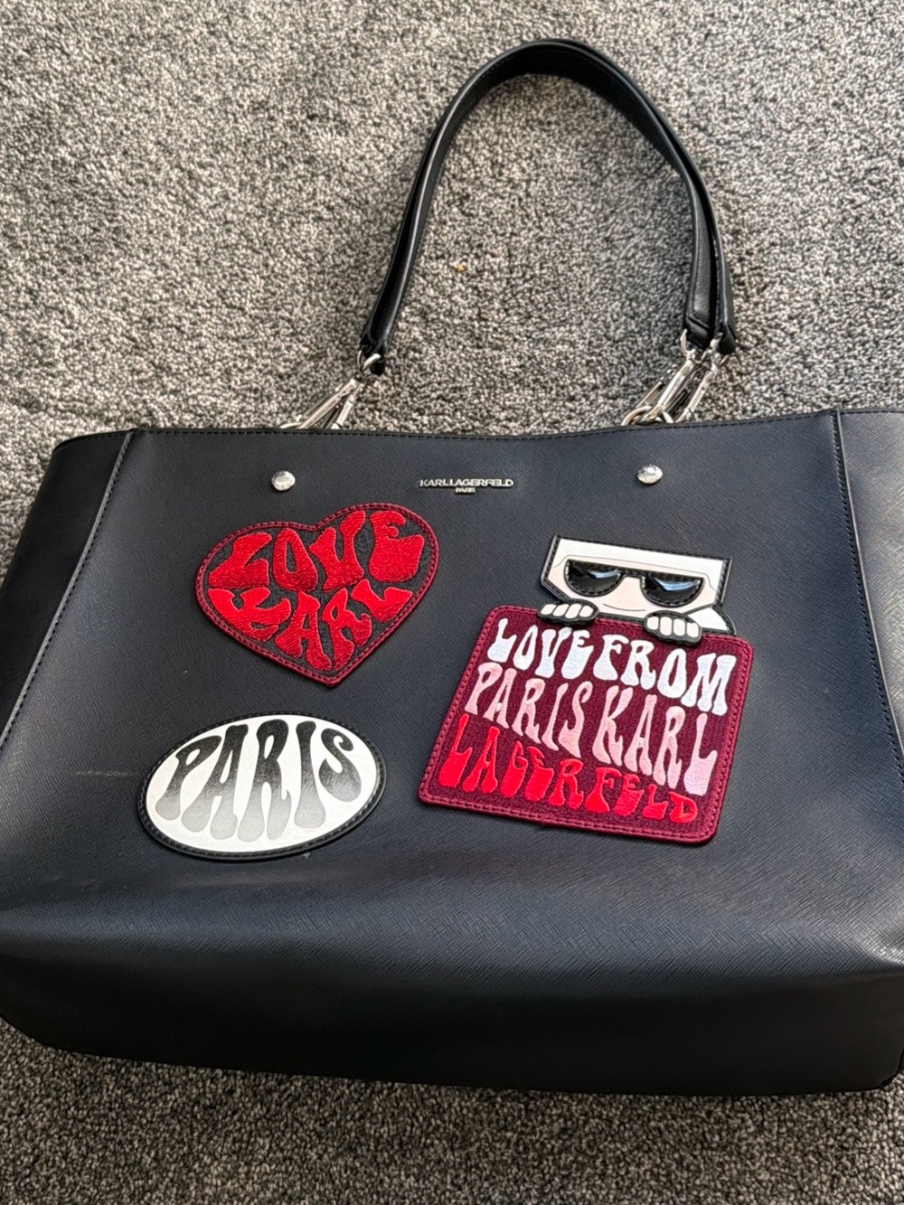 Karl Lagerfeld Black Leather Tote with Red and White Patch Details
